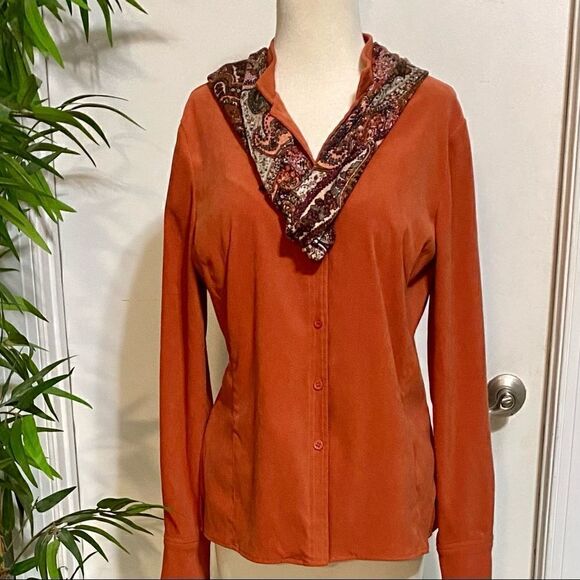 Harve Benard by Benard Holtzman Blouse Medium Burnt Orange Tailored Button Front - Picture 2 of 12